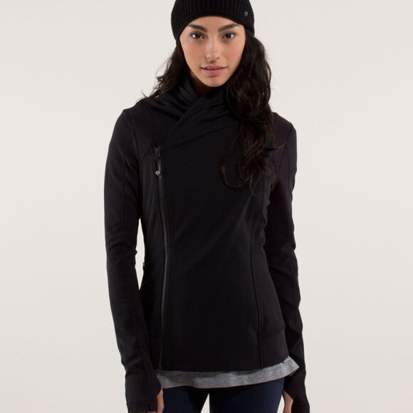 Lululemon Bhakti Jacket, black asymmetrical zip up jacket / sweater, thumbholes - Picture 1 of 5